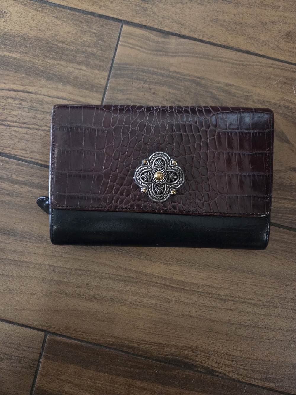 Brighton Croc Embossed Leather Organizer Wallet Two-Tone Brown Black Vintage